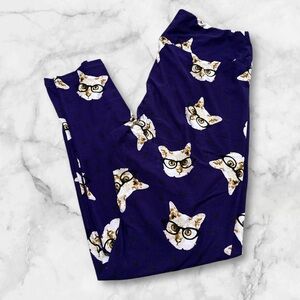 Lularoe Purple TC leggings with cats wearing glasses print